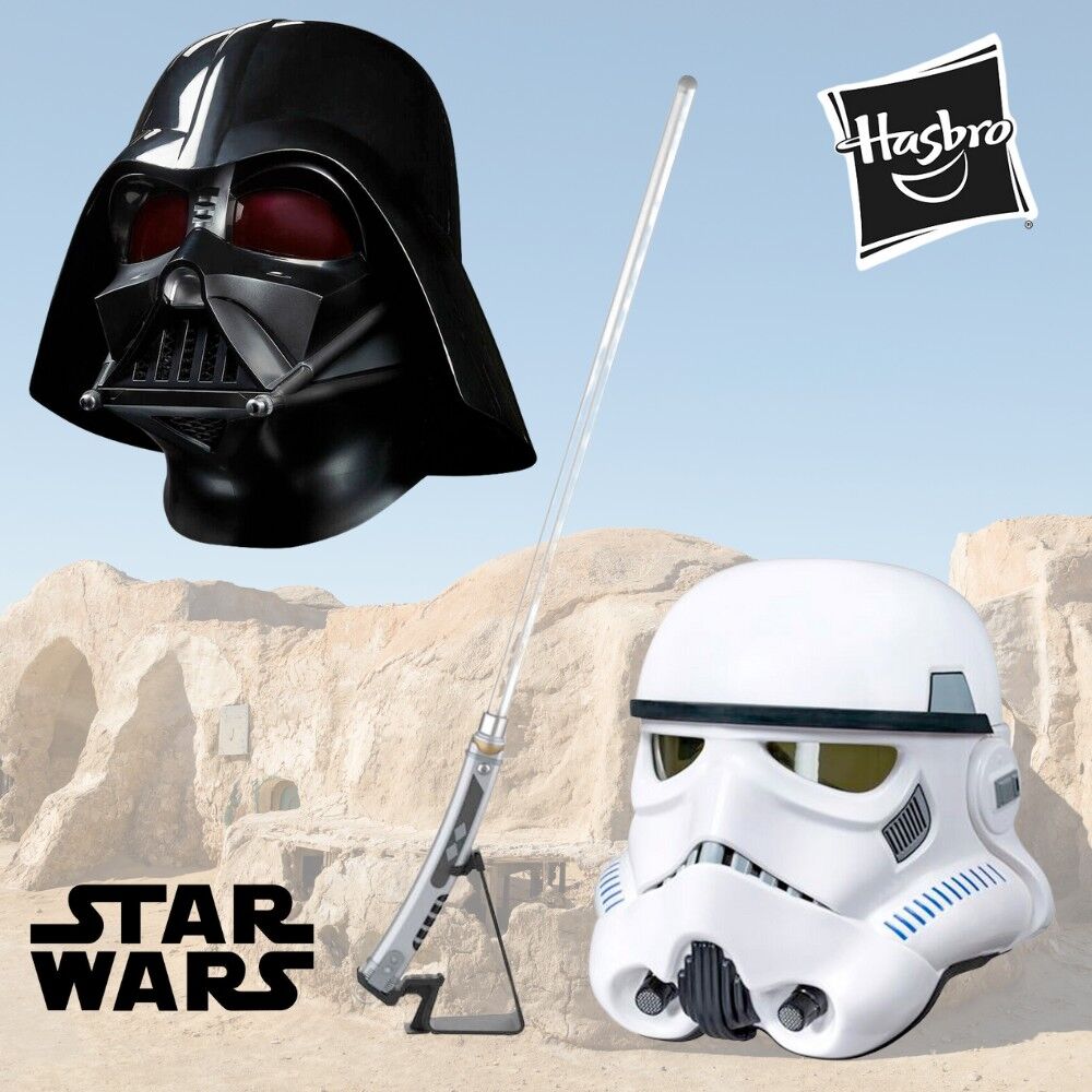 Pack offre Hasbro Star Wars avec figurines et accessoires officiels sur fond blanc, présentant des détails précis et couleurs vives.