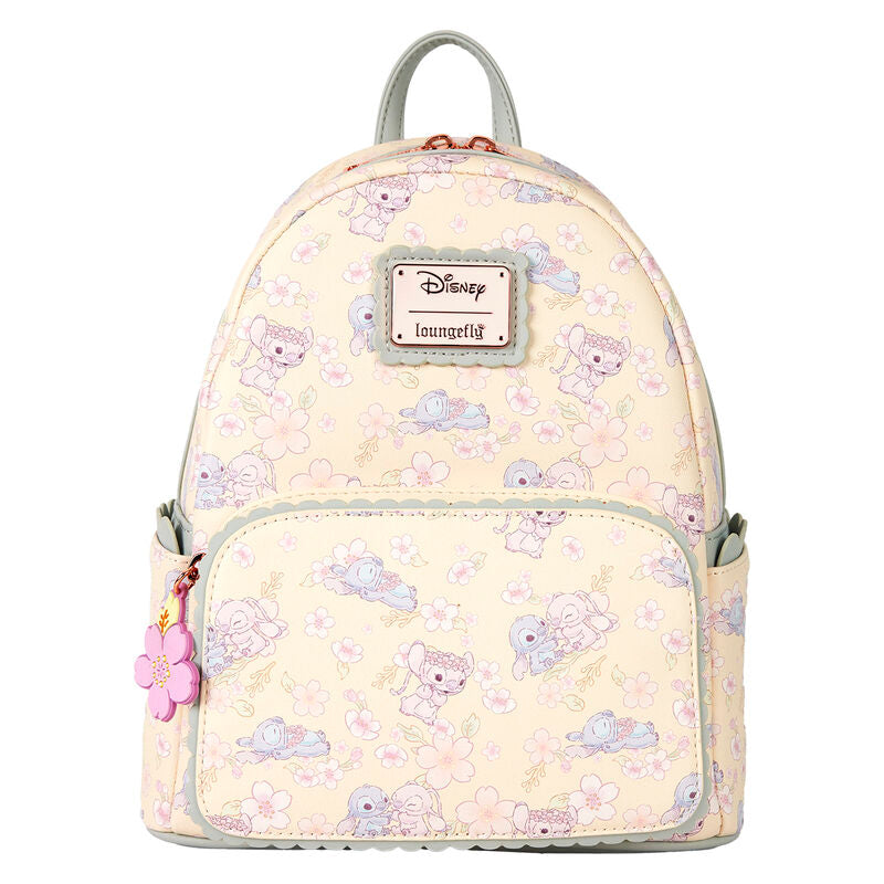 Vue avant du sac à dos Loungefly Disney Stitch avec motifs fleurs de cerisier et détails en cuir vegan