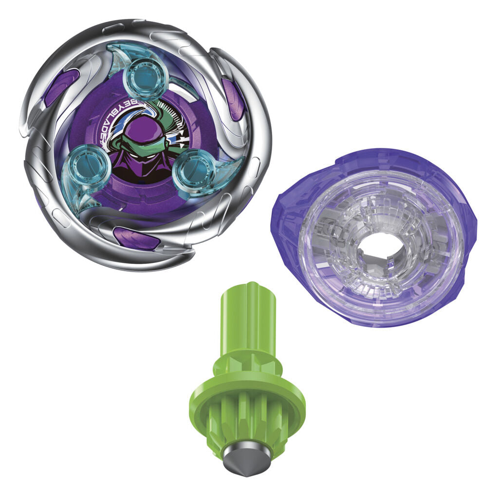 Vue rapprochée de la toupie Beyblade X Shadow Shinobi avec son design noir et rouge dynamique
