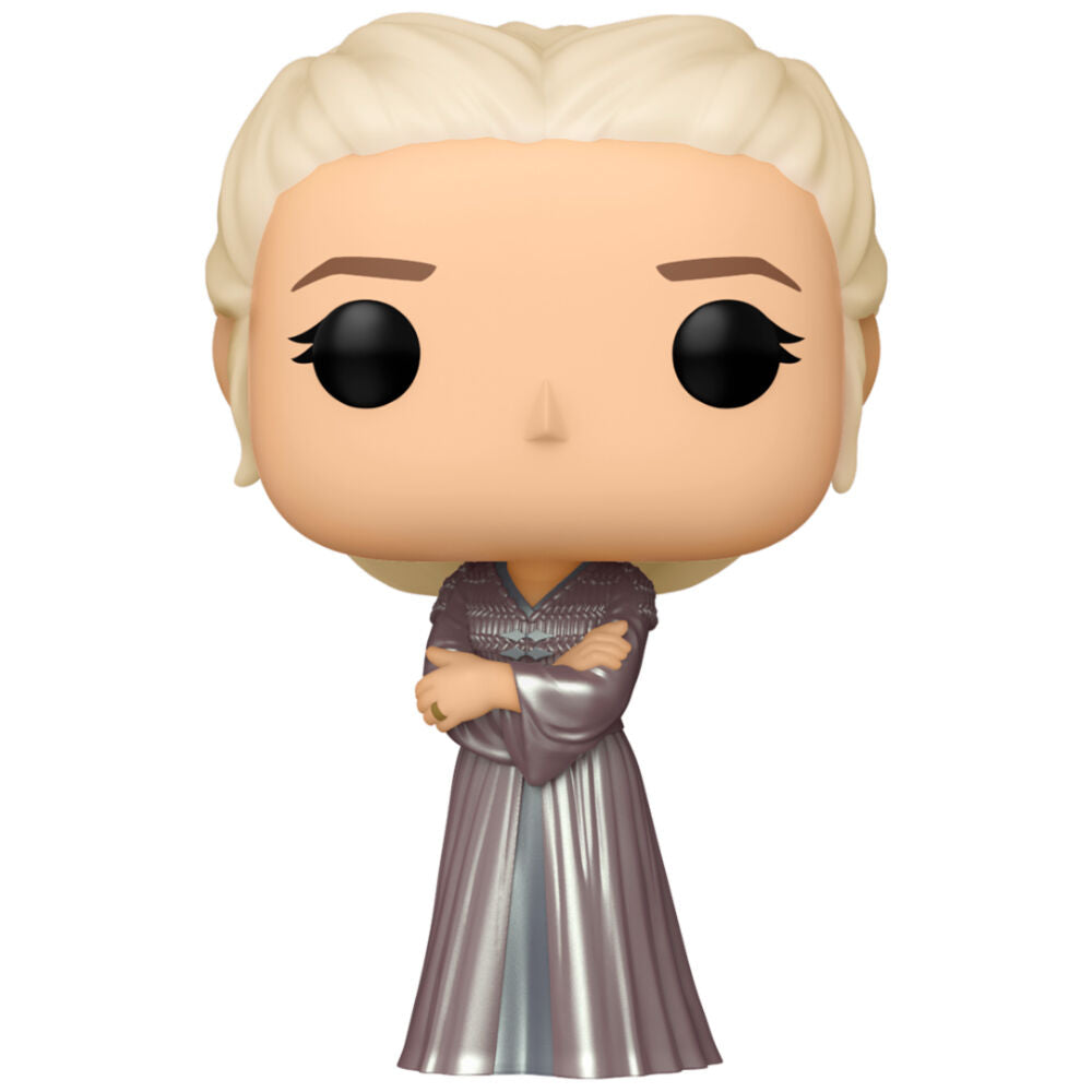 Figurine Funko POP Rhaenyra Targaryen de 9 cm issue de la série The House of the Dragon, présentée en gros plan sur fond blanc.
