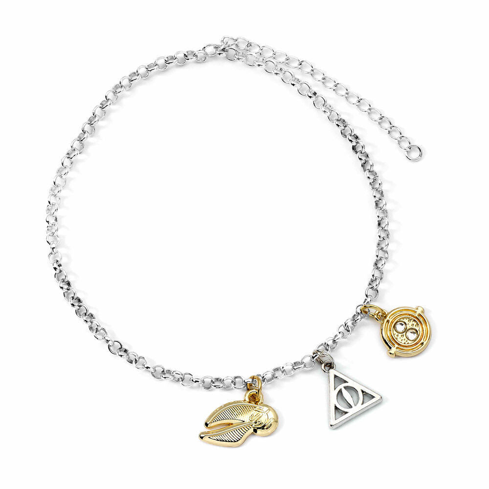 Bracelet argenté Harry Potter avec charms Time Turner, Reliques de la Mort et Vif d'Or sur chaîne délicate