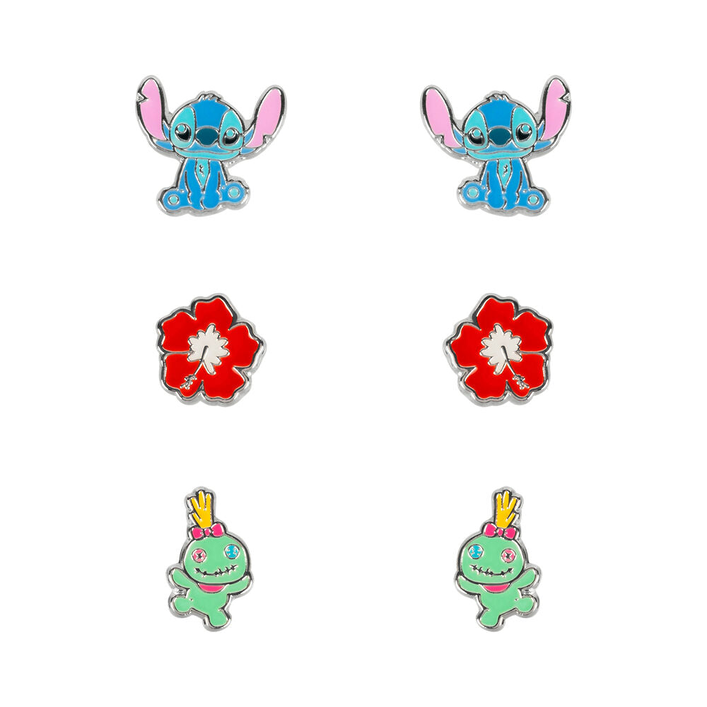 Set complet de 3 paires de boucles d'oreilles Stitch en argent plaqué avec fleurs rouges et ourson Scrump