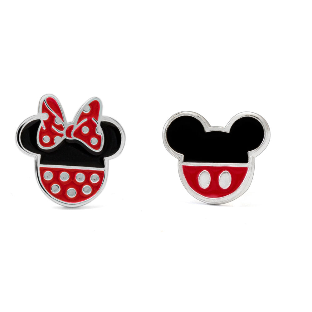 Boucles d'oreilles Disney en laiton plaqué argent avec tête de Minnie et nœud rouge à pois blancs