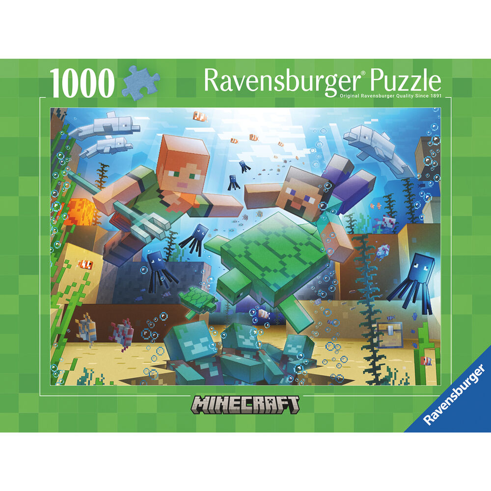 Image du puzzle Minecraft 1000 pièces Ravensburger montrant l'emballage coloré et les détails du produit