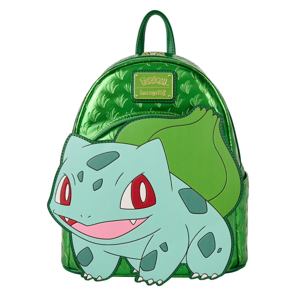 Vue de face du sac à dos Loungefly Pokémon Bulbasaur avec détails colorés et logo officiel