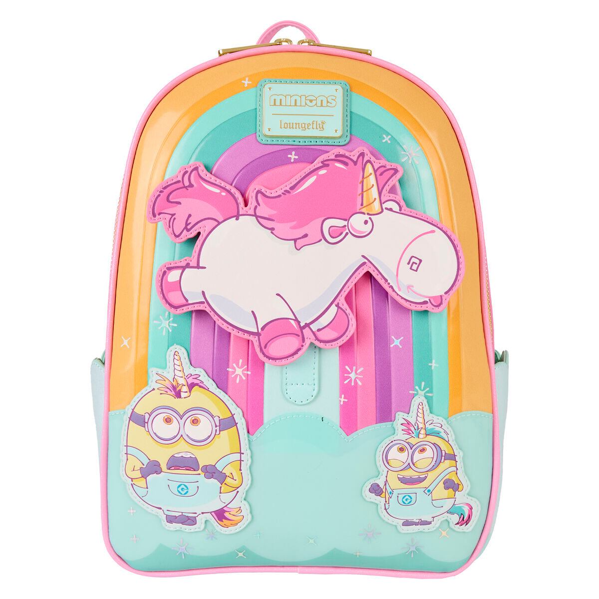 Sac à dos Loungefly Minions Licorne Fluffy vue de face avec détails colorés et texture douce