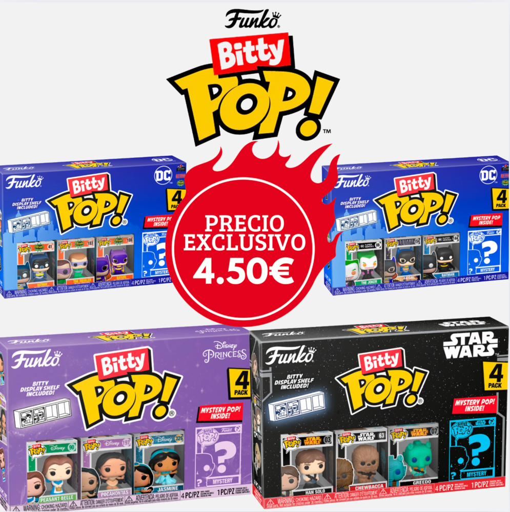 Pack Funko Bitty POP avec figurines miniatures colorées et détaillées sur fond blanc, parfait pour collectionneurs.