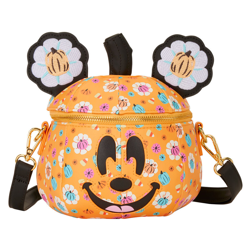 Sac à bandoulière Loungefly Disney Minnie Citrouille vu de face avec motif coloré et détails soignés