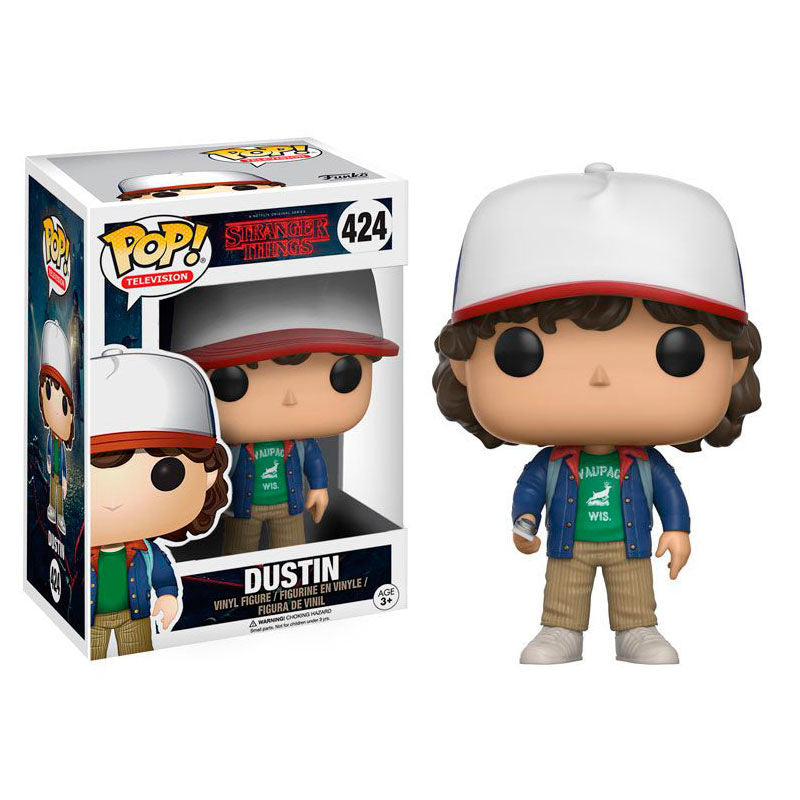 Figurine Funko POP de Dustin de Stranger Things en vinyle, hauteur 9 cm, présentée dans sa boîte cadeau officielle.