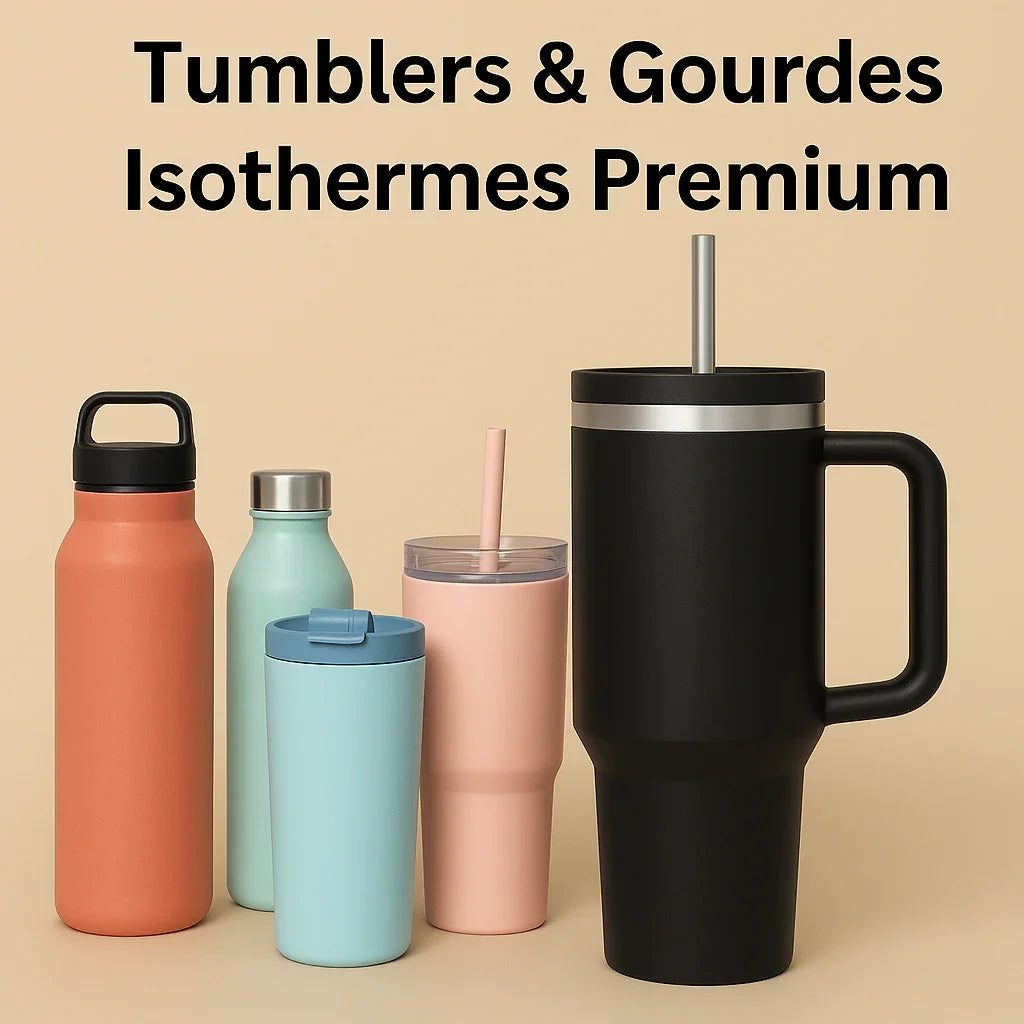 Image promotionnelle pour collection de tumblers et gourdes isothermes premium, couleurs modernes et design minimaliste, boutique CreaGeekMultivers.