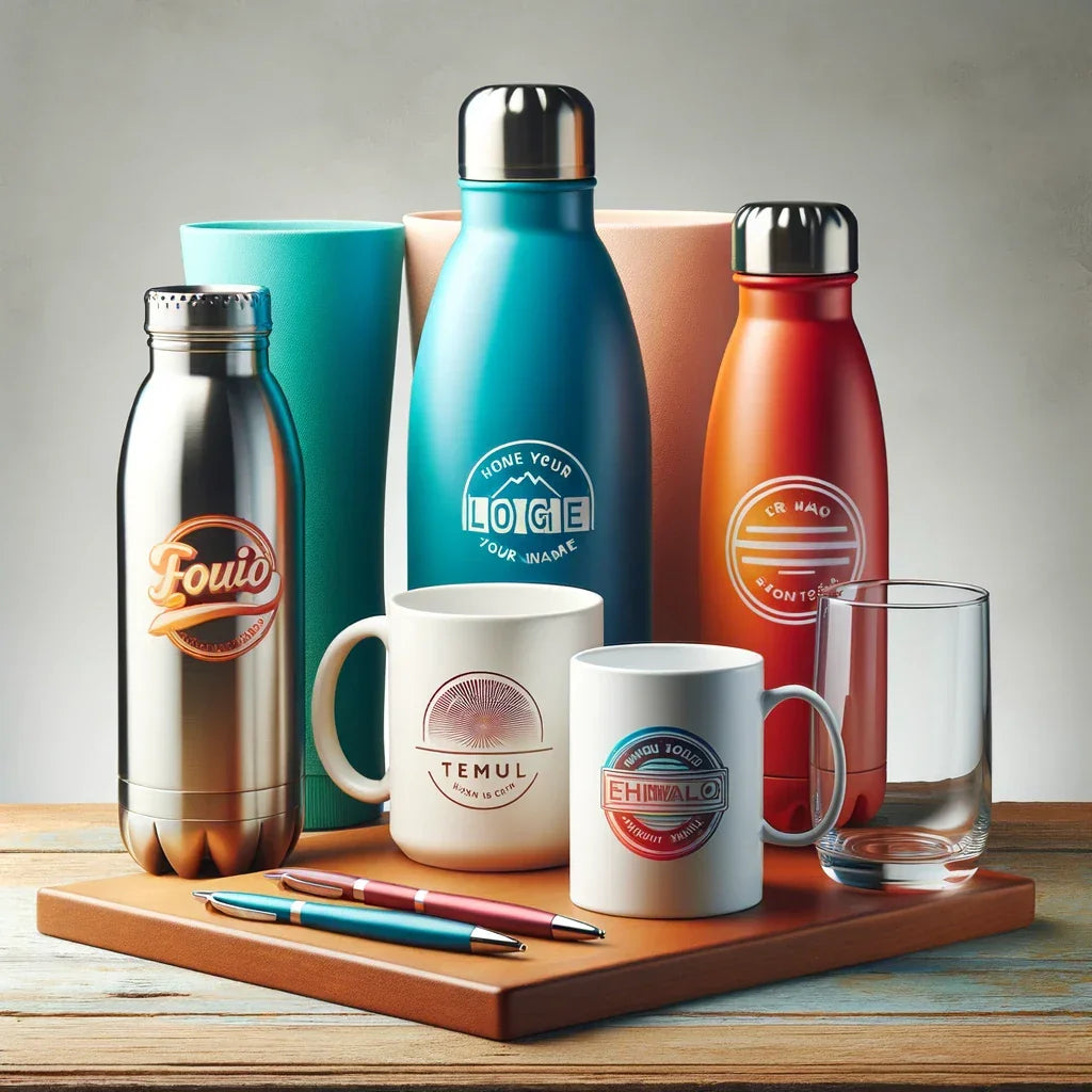 Collection d'accessoires personnalisables incluant mugs, bouteilles isothermes et verres, prêts pour la personnalisation avec logos et designs sur mesure