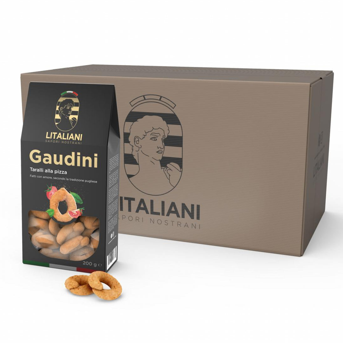 Vue d'ensemble des 12 paquets de taralli Gaudini Chogan