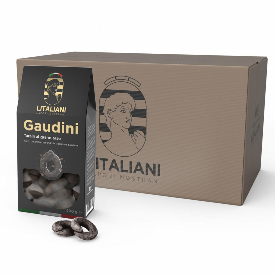 Gros plan sur les Taralli croustillants Gaudiini, texture dorée