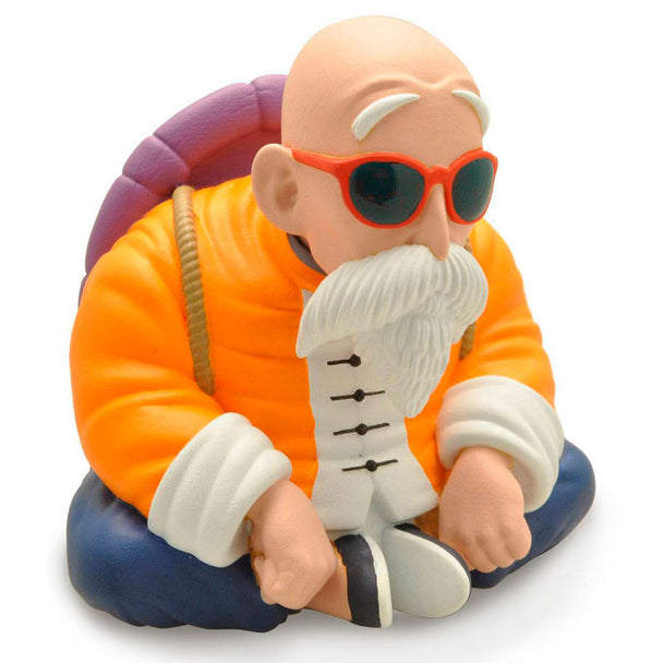 Tirelire figurine Master Roshi chibi Dragon Ball de 15 cm en PVC dans son blister box, vue de face détaillée.