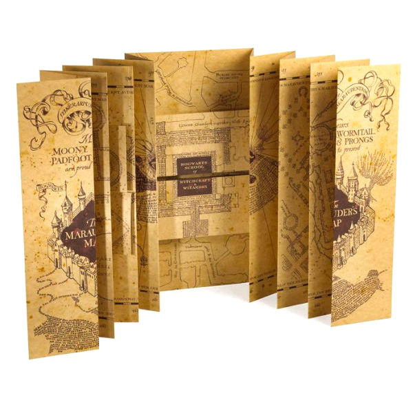 Carte du Maraudeur Harry Potter pliée dans sa pochette avec crochet de suspension de la marque NOBLE COLLECTION