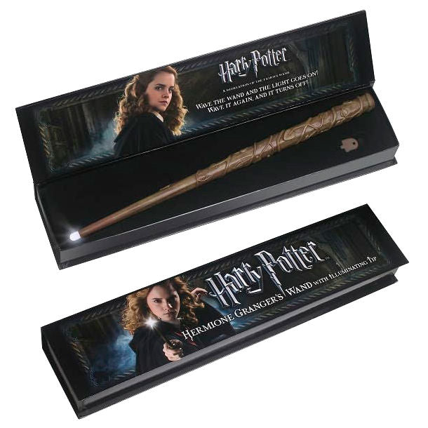 Baguette lumineuse Hermione Granger Harry Potter de 36 cm avec lumière réglable présentée dans un coffret cadeau élégant.