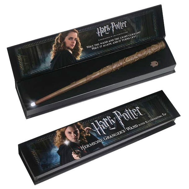 Baguette lumineuse Hermione Granger Harry Potter de 36 cm avec lumière réglable présentée dans un coffret cadeau élégant.