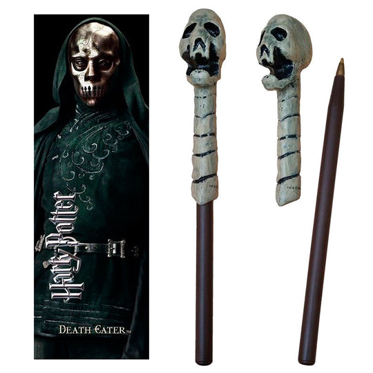 Stylo et marque-page Harry Potter Death Eater avec motif crâne en PVC, présenté sur fond blanc.