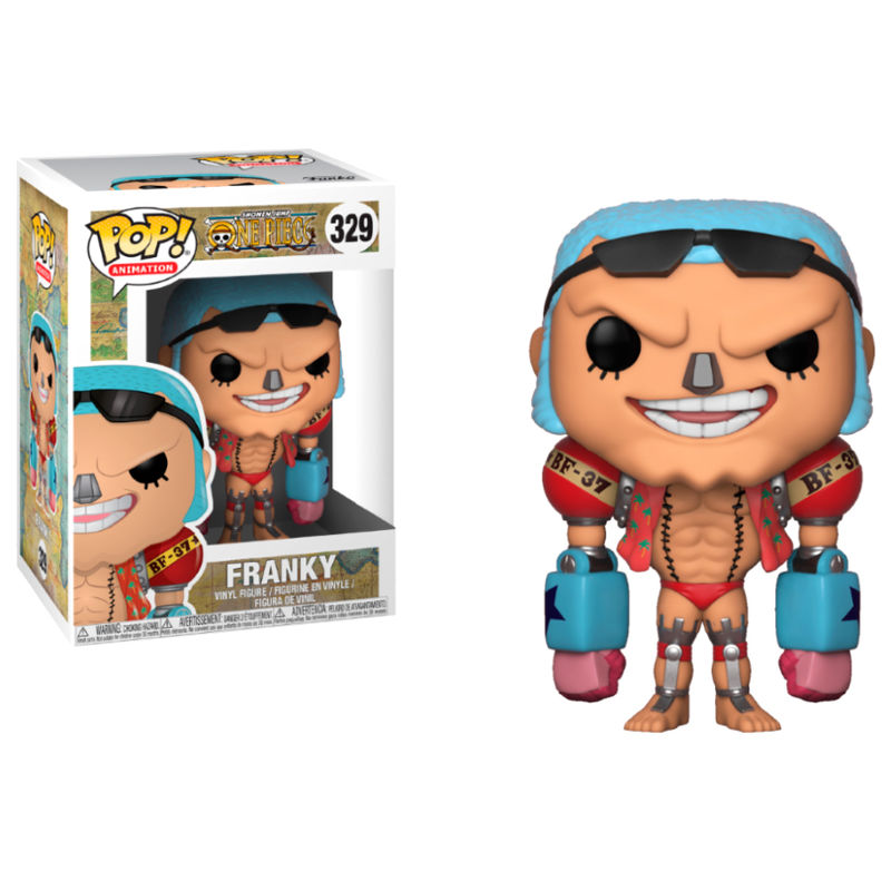 Packaging officiel FUNKO de la figurine POP Franky One Piece, montrant le logo et les illustrations