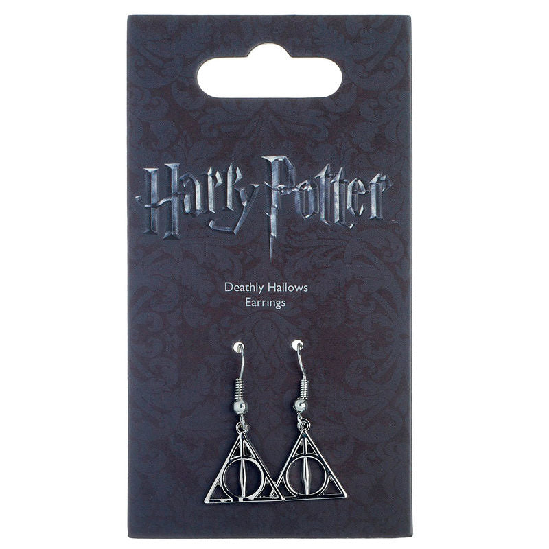 Boucles d'oreilles Harry Potter Reliques de la Mort en alliage de zinc présentées sur fond blanc, vue rapprochée détaillant le design