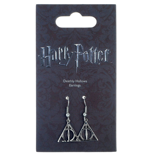 Boucles d'oreilles Harry Potter Reliques de la Mort en alliage de zinc présentées sur fond blanc, vue rapprochée détaillant le design