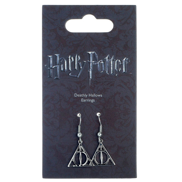Boucles d'oreilles Harry Potter Reliques de la Mort en alliage de zinc présentées sur fond blanc, vue rapprochée détaillant le design