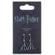 Boucles d'oreilles Harry Potter Reliques de la Mort en alliage de zinc présentées sur fond blanc, vue rapprochée détaillant le design