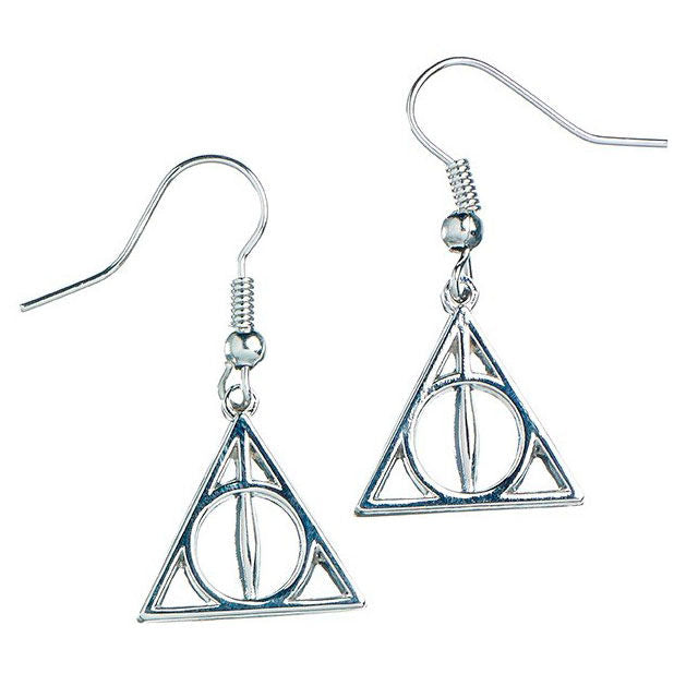 Packaging blister des boucles d'oreilles Harry Potter Reliques de la Mort de THE CARAT SHOP avec dimensions visibles