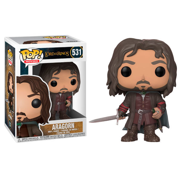 Figurine Funko POP Aragorn du Seigneur des Anneaux en vinyle, 9 cm, présentée dans sa boîte cadeau officielle.