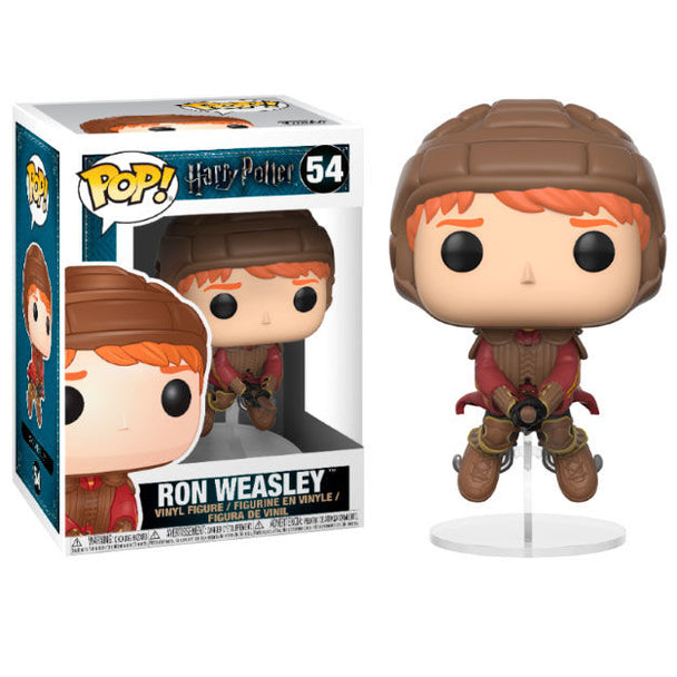 Figurine Funko POP de Ron Weasley sur son balai, vue de face en vinyle 9 cm