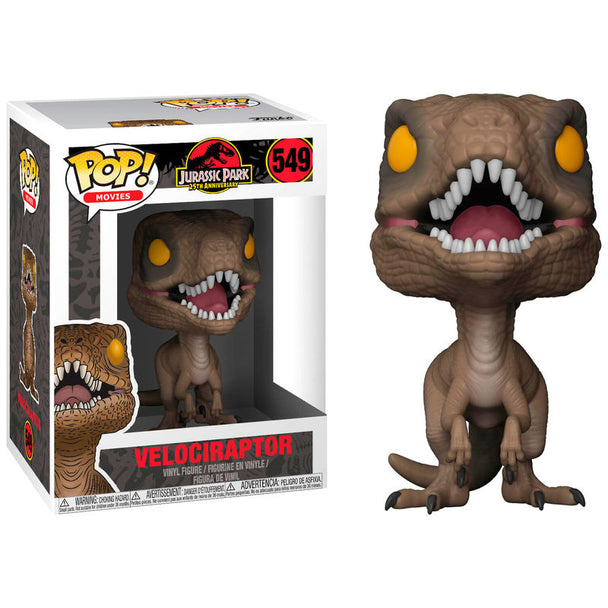 Figurine Funko POP Velociraptor Jurassic Park en vinyle de 9 cm, présentée dans sa boîte cadeau officielle.