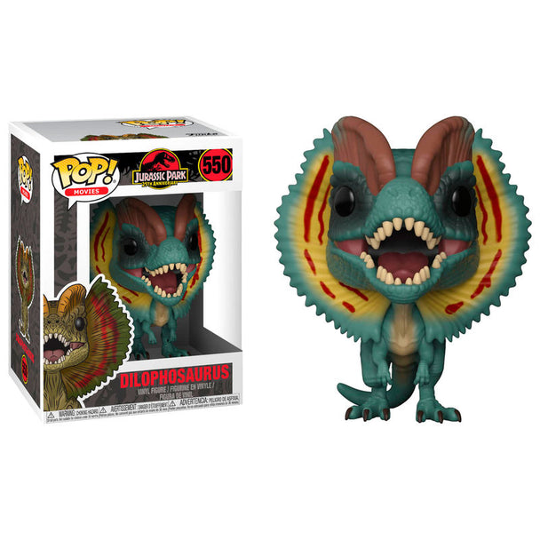 Figurine Funko POP Dilophosaurus de Jurassic Park en vinyle, hauteur 9 cm, présentée dans sa boîte cadeau originale.