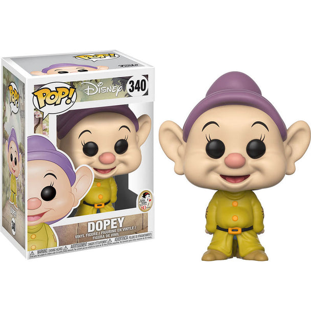 Vue rapprochée de la figurine Funko POP Dopey, personnage Disney des Sept Nains, présentée dans son emballage collector