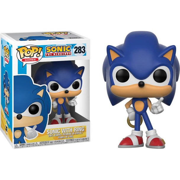 Détail de la figurine Funko POP Sonic tenant un anneau, en vinyle, avec boîte collector en arrière-plan