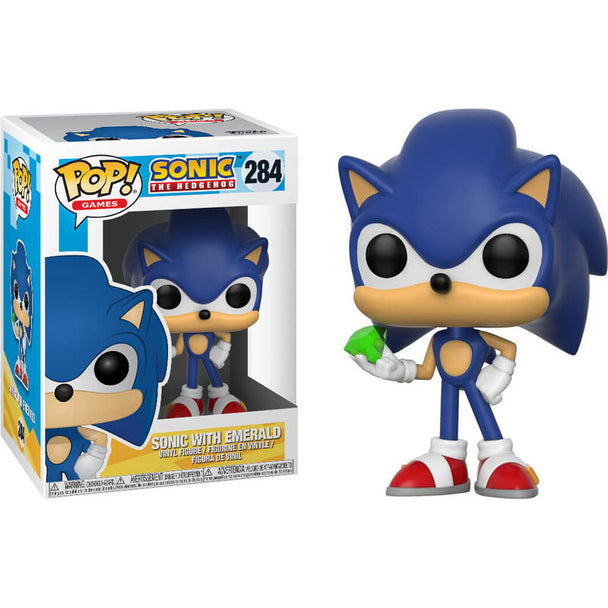 Vue rapprochée de la figurine Sonic Funko POP avec détails de l'Émeraude brillante