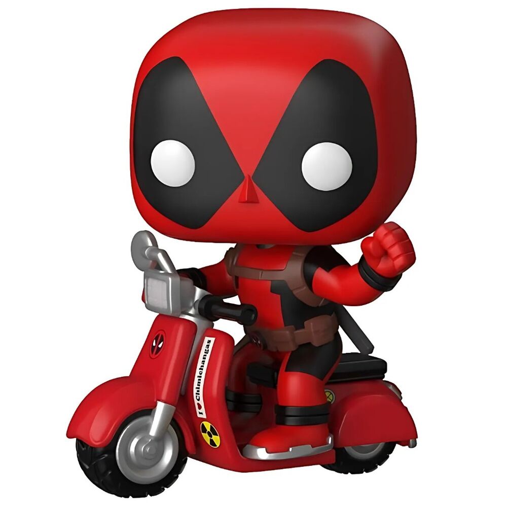 Figurine POP Deadpool Marvel FUNKO de 9 cm avec son scooter rouge sur fond blanc