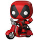 Figurine POP Deadpool Marvel FUNKO de 9 cm avec son scooter rouge sur fond blanc