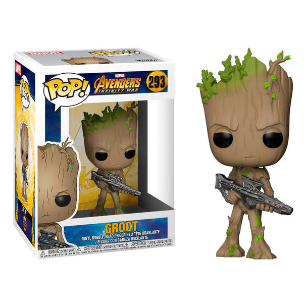 Figurine Funko POP Teen Groot avec arme issue des Avengers Infinity War, en vinyle et emballée dans une boîte cadeau.