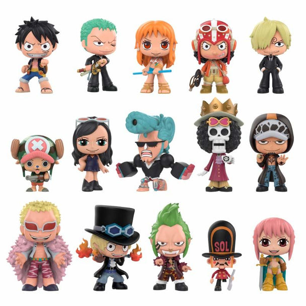 Figurines Funko Mystery Minis One Piece en assortiment, présentant plusieurs personnages miniatures colorés sur fond blanc