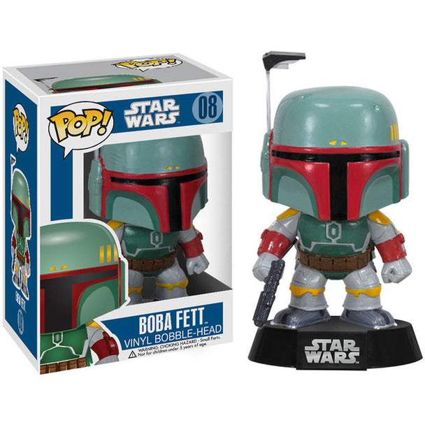 Figurine POP Star Wars Boba Fett FUNKO en vinyle bobble head de 9 cm, vue de face avec détails du casque et armure.