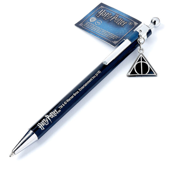 Stylo Harry Potter avec symbole des Reliques de la Mort, finition noire et argentée, présenté sur fond blanc.