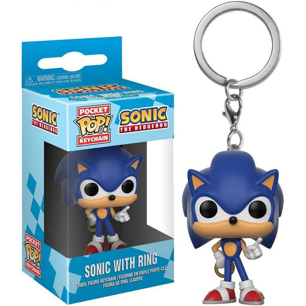 Porte-clés FUNKO Pocket POP Sonic avec anneau métallique, figurine du hérisson bleu sur fond blanc.