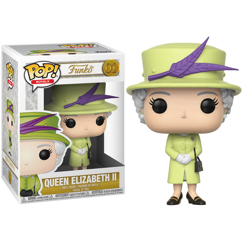 Figurine Funko POP Queen Elizabeth II en tenue royale lors du Royal Wedding, vue de face dans sa boîte cadeau.