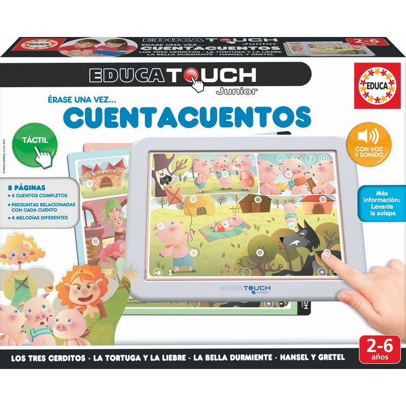 Enfant jouant avec Educa Touch Junior, découvrant les histoires classiques en espagnol de façon ludique.