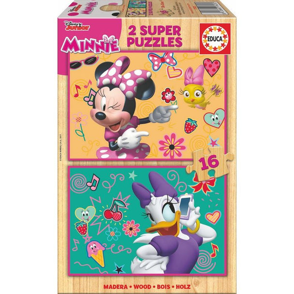 Puzzle en bois Disney Minnie and The Happy Helpers avec 2 puzzles de 16 pièces chacun, dimensions 26x18cm.