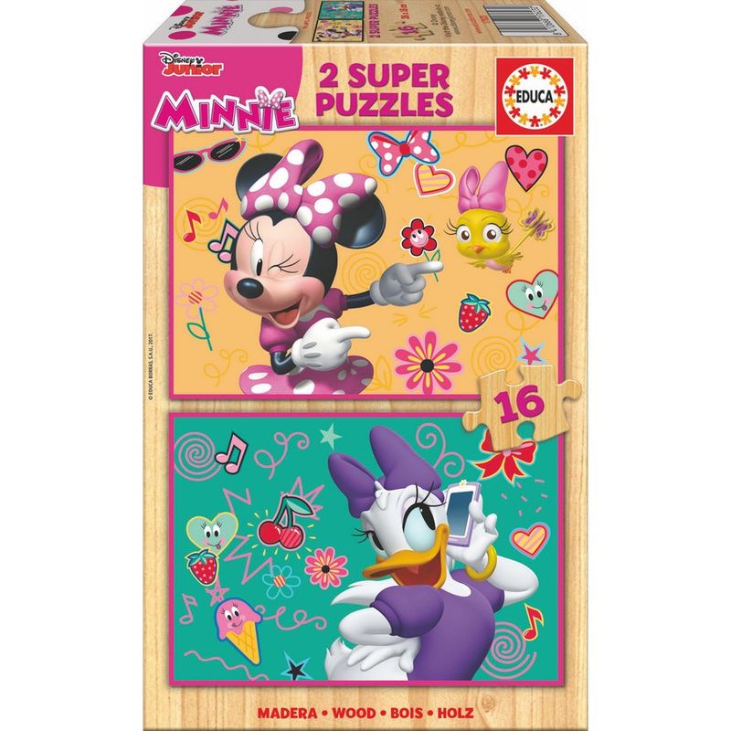 Puzzle en bois Disney Minnie and The Happy Helpers avec 2 puzzles de 16 pièces chacun, dimensions 26x18cm.