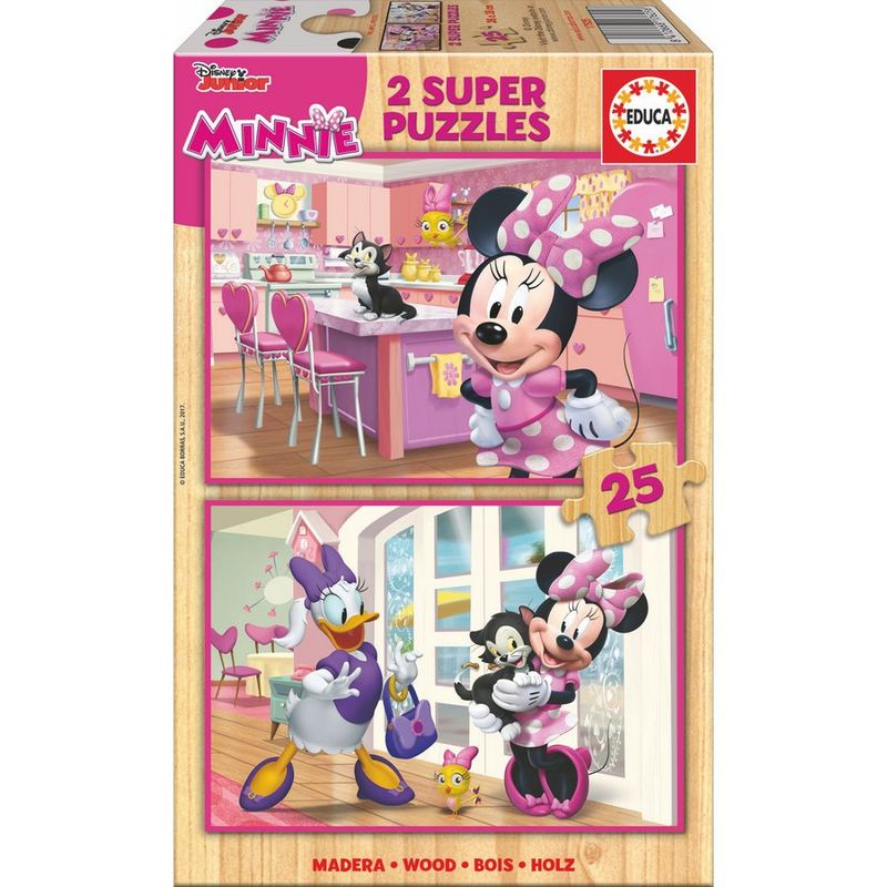 Puzzle en bois Disney Minnie & The Happy Helpers avec 2x25 pièces colorées et personnages animés.