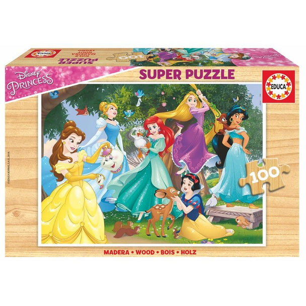 Puzzle en bois Disney Princess 100 pièces par EDUCA BORRAS, dimensions 36x26cm, illustrant les personnages de princesses Disney colorés.