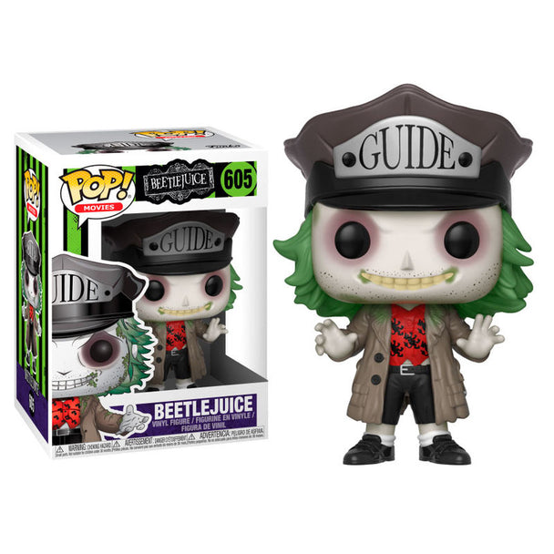 Figurine Funko POP Beetlejuice de 9 cm avec chapeau noir, vue de face dans sa boîte cadeau transparente