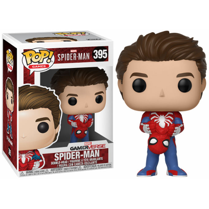 Figurine Funko POP Spider-Man Marvel unmasked vue de face avec détails du costume et visage dévoilé